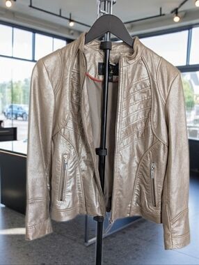 Bernardo Leather Jacket Metallic Gold Moto Style Zip Front Women’s